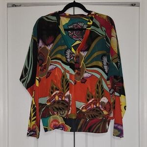 Vibrant Multicolor Floral V-Neck Blouse — Orange & Teal